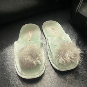 Victoria's Secret Light Green Slippers with Fluffy Pom-Poms